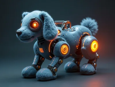 Futuristic Robotic Puppy Toy With Glowing Orange Lights