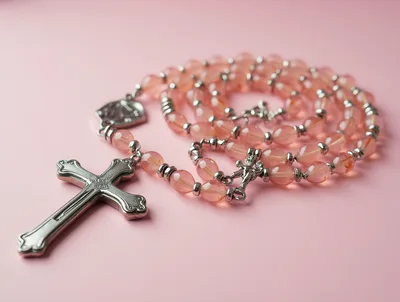Pink Crystal Rosary Beads With Silver Crucifix
