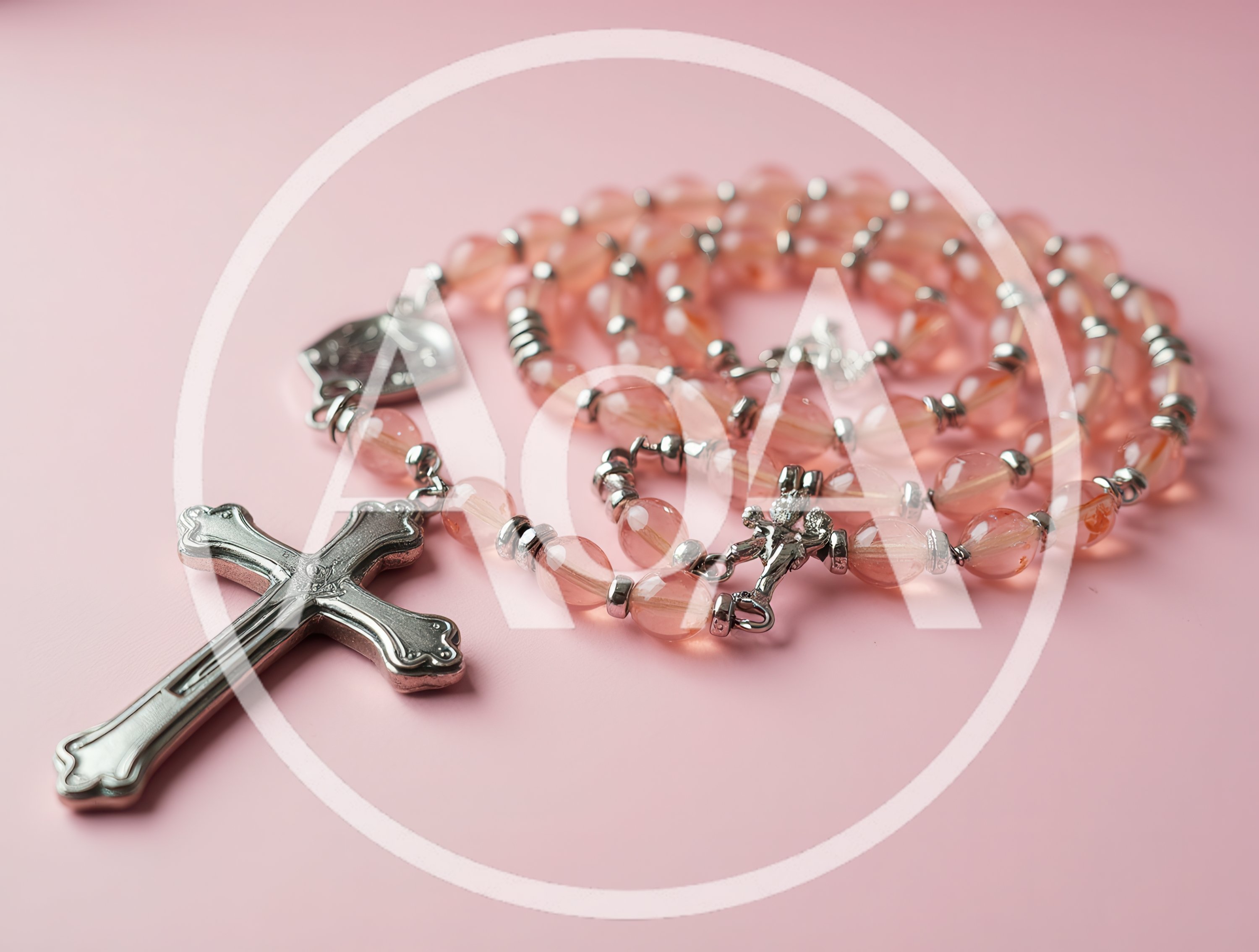 Pink Crystal Rosary Beads With Silver Crucifix