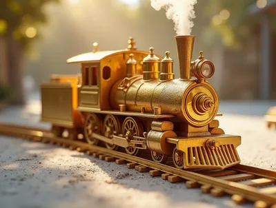 Golden Miniature Steam Locomotive On Train Tracks