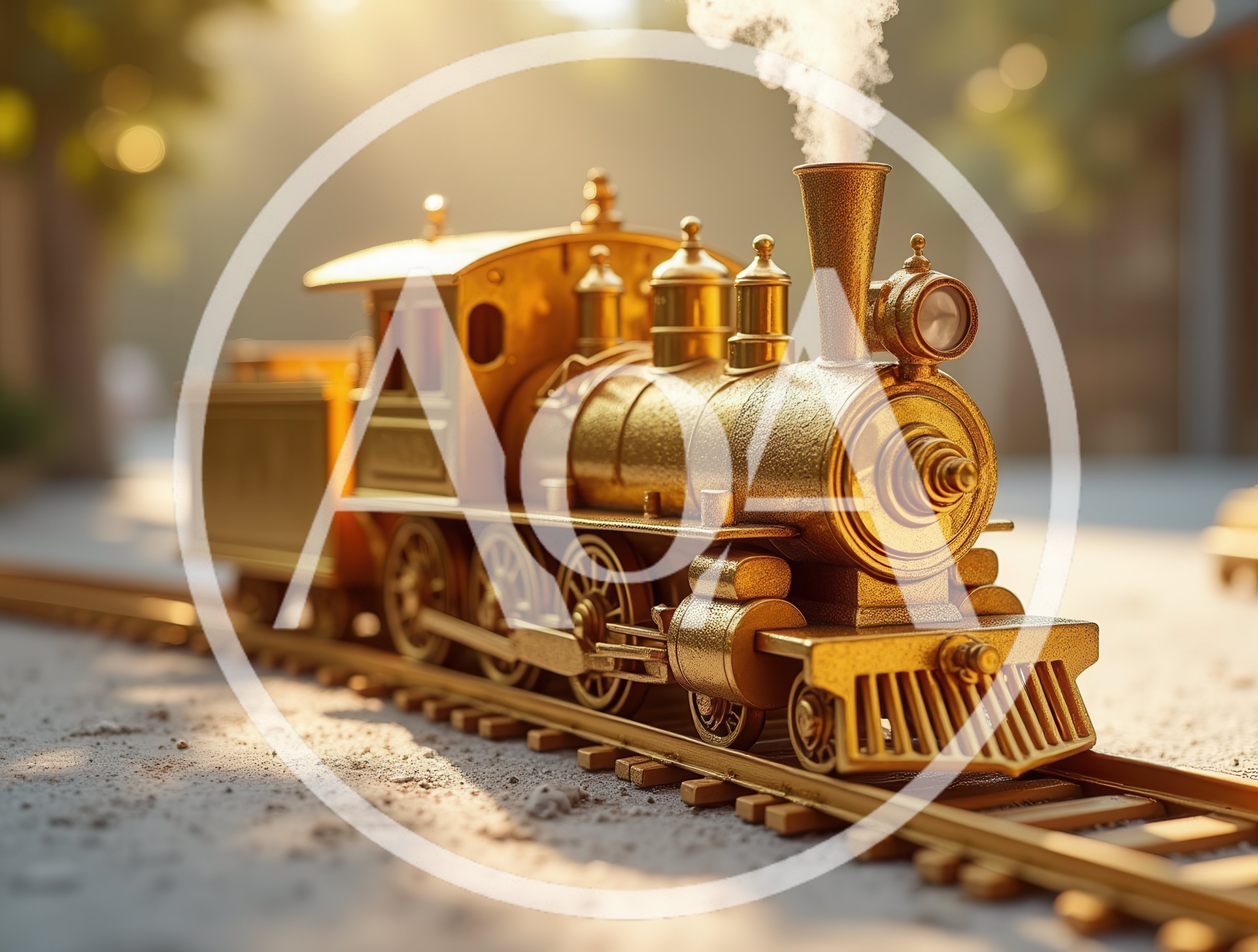 Golden Miniature Steam Locomotive On Train Tracks