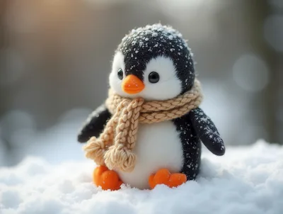 Cute Plush Penguin Wearing A Scarf In The Snow