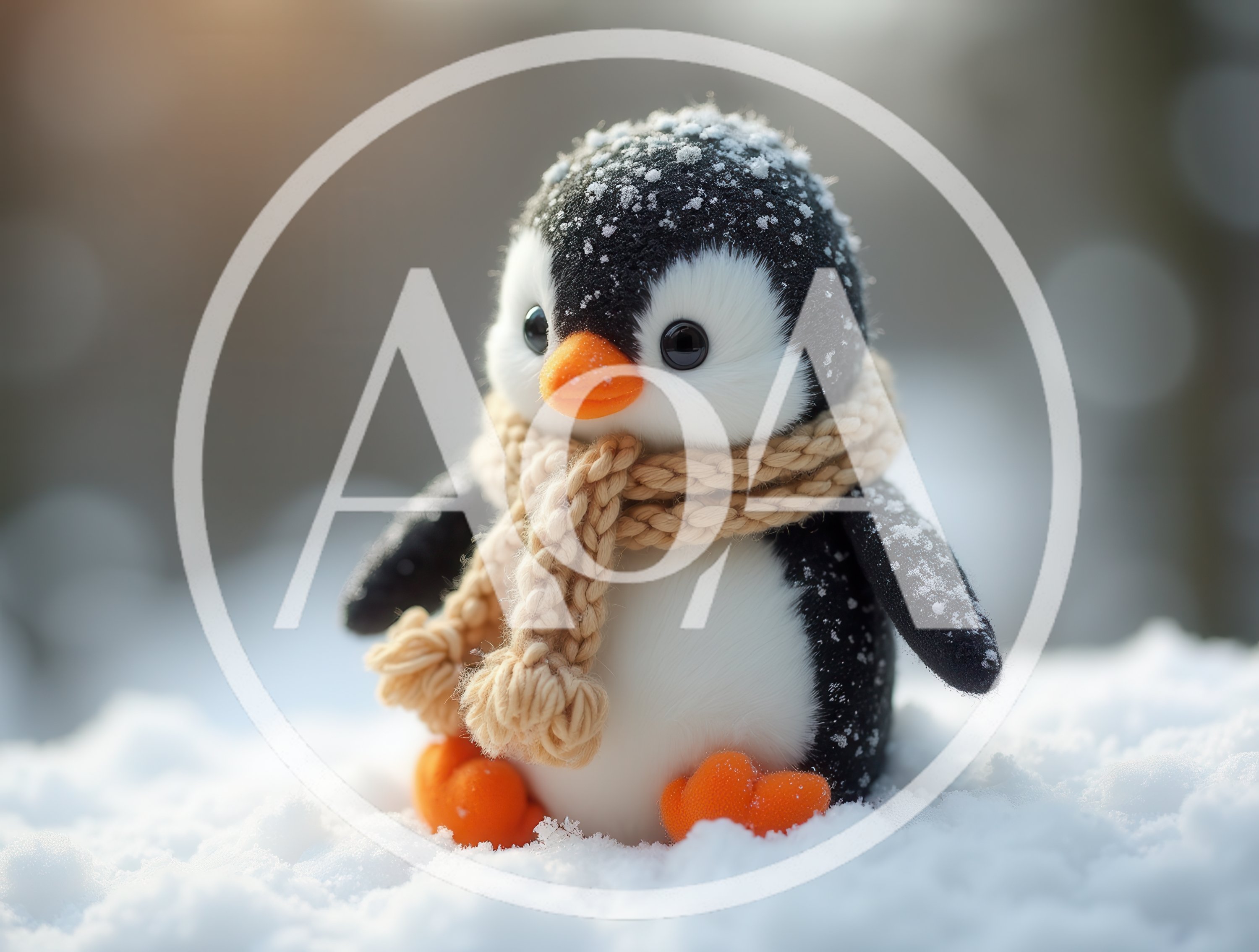 Cute Plush Penguin Wearing A Scarf In The Snow