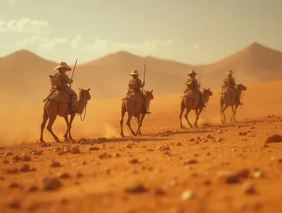 British Colonial Soldiers Riding Camels Across Desert