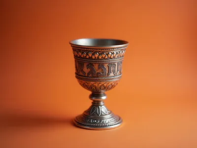 Ornate Silver Kiddush Cup on Orange Background