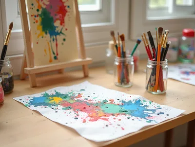 Artistic Workspace With Paint Splattered Paper And Brushes