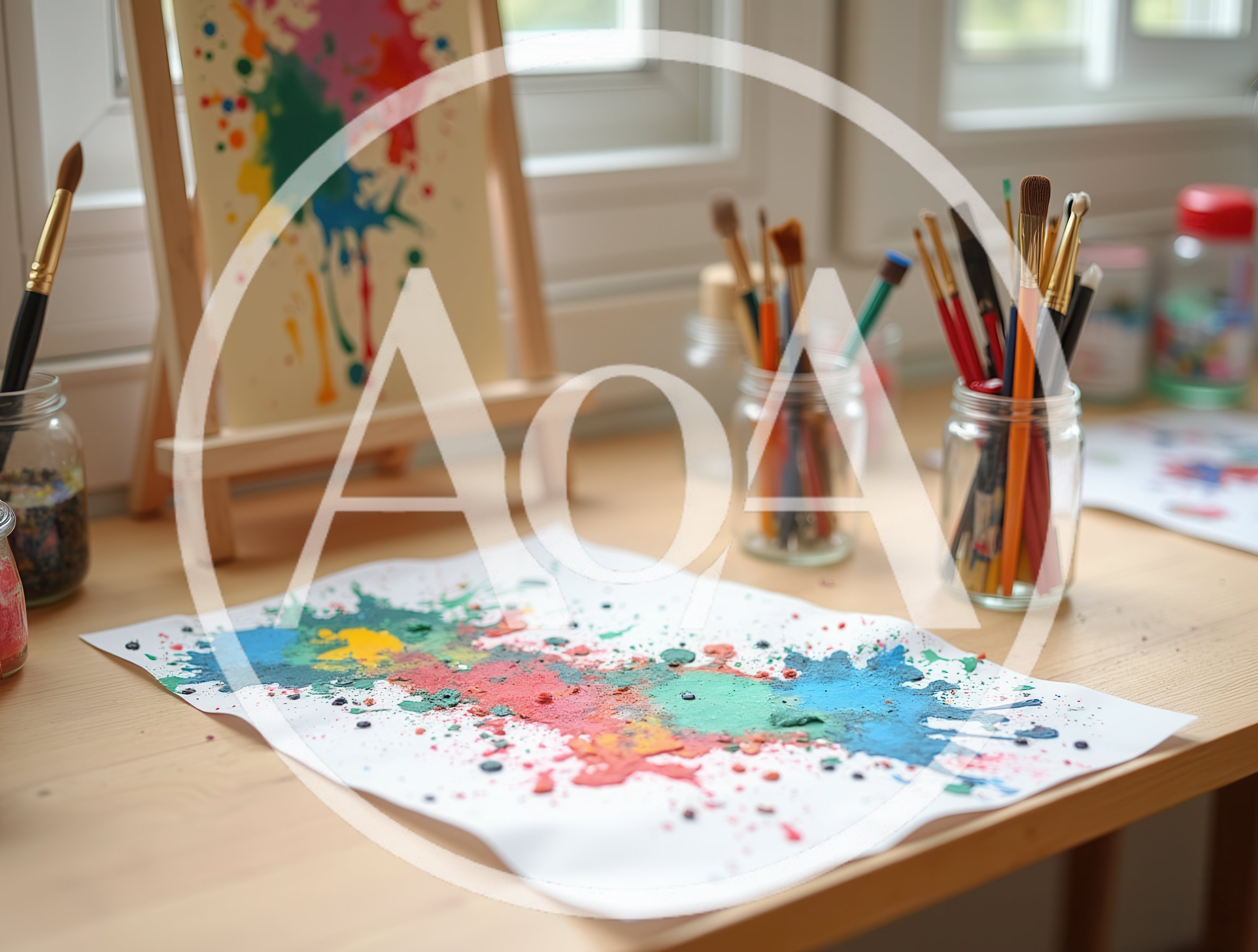 Artistic Workspace With Paint Splattered Paper And Brushes