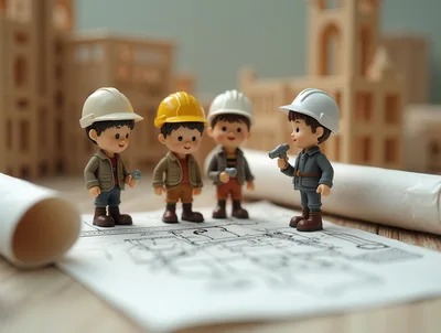 Miniature Figurines Of Construction Workers Planning On Blueprints