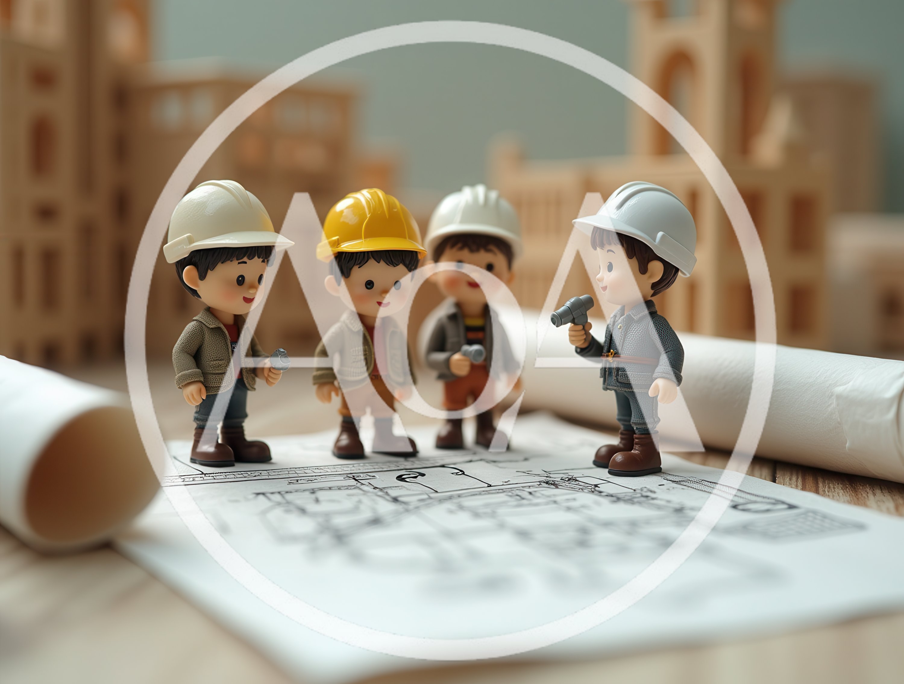 Miniature Figurines Of Construction Workers Planning On Blueprints