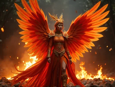 Phoenix Goddess Standing Amidst A Fiery Forest Landscape