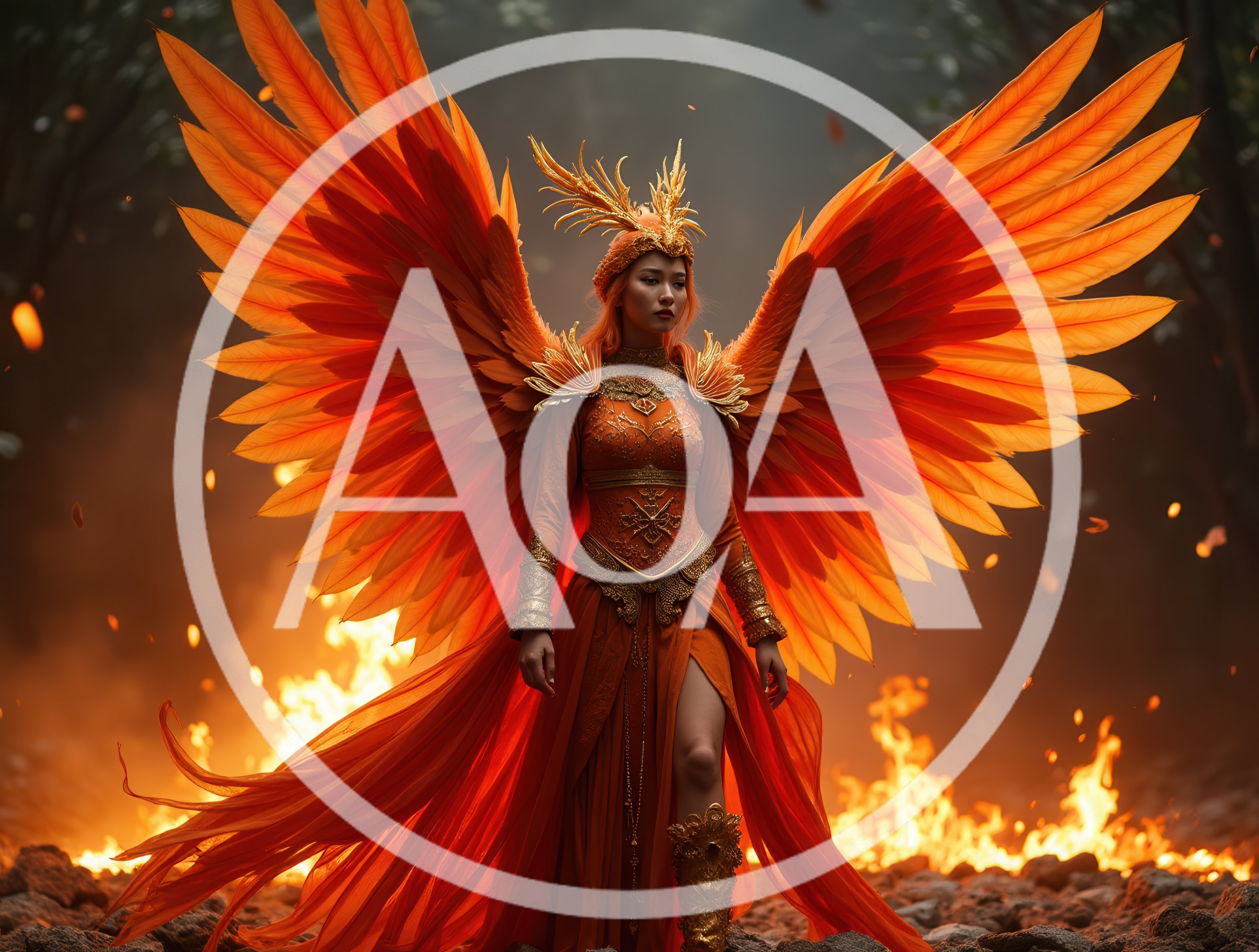 Phoenix Goddess Standing Amidst A Fiery Forest Landscape