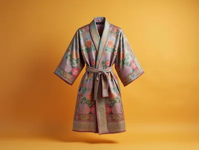 Elegant Floral Silk Kimono Robe on Yellow Background
