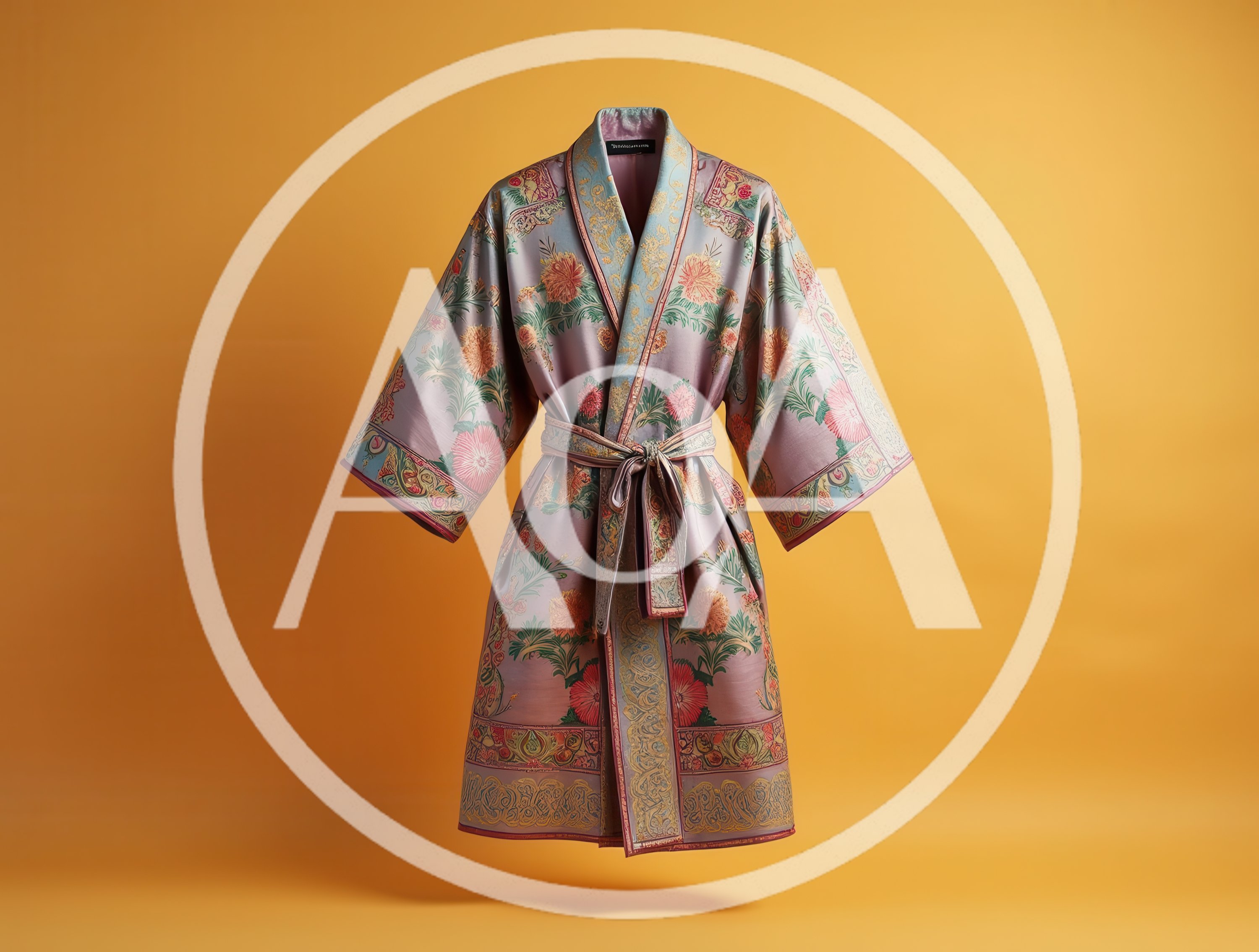 Elegant Floral Silk Kimono Robe on Yellow Background