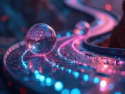 Glowing Glass Sphere Rolling Along Neon Path