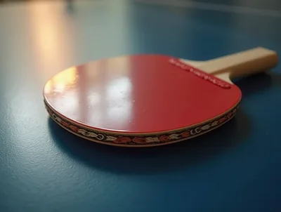 Table Tennis Racket Resting On A Blue Table
