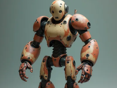 Weathered Industrial Robot Standing In Studio