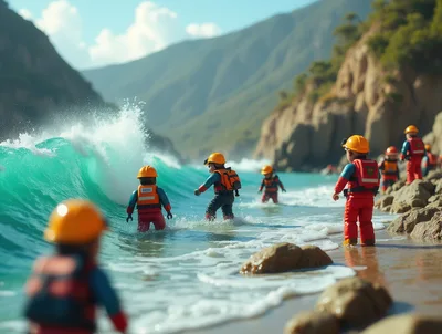 Toy Rescue Workers Standing On A Tropical Beach