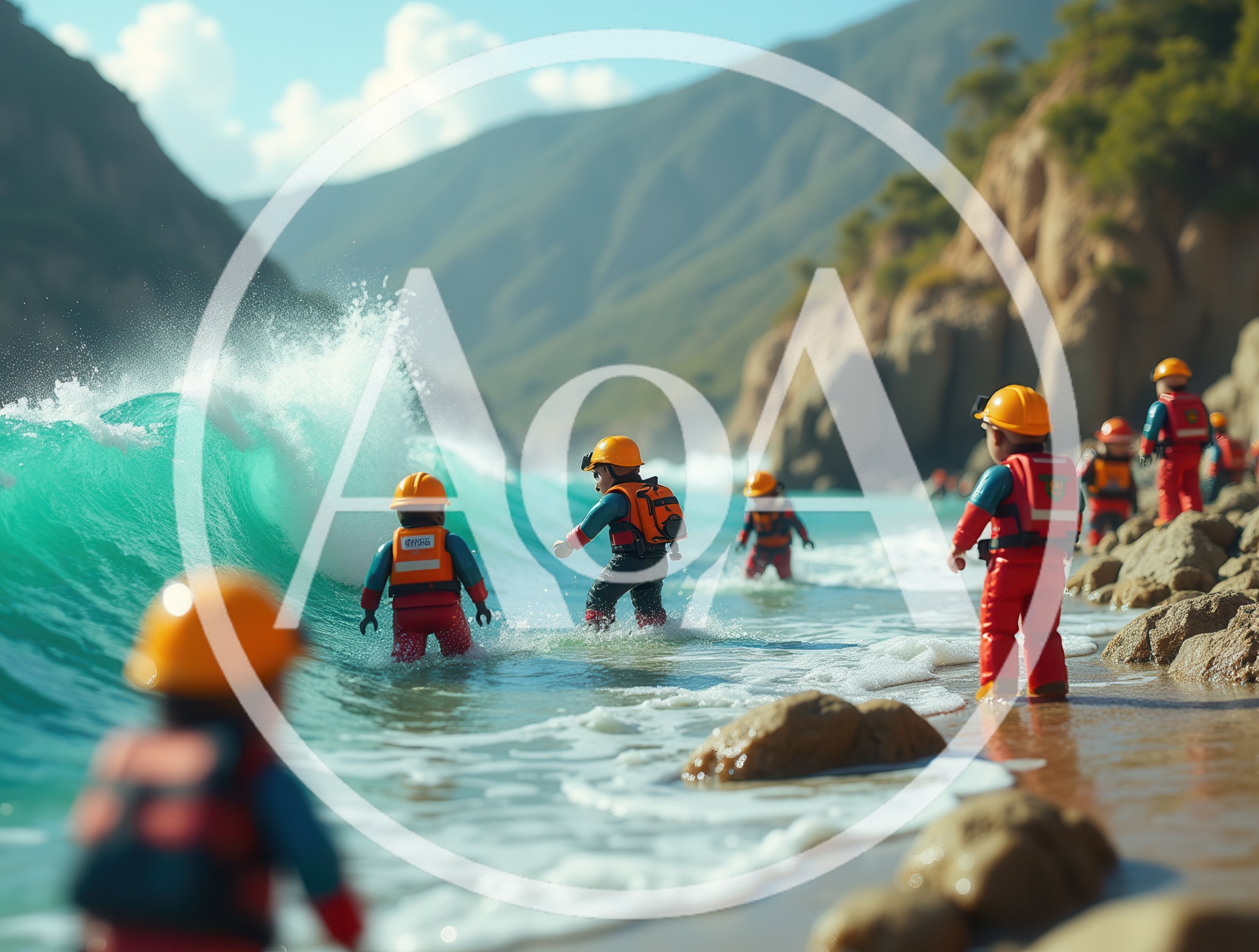Toy Rescue Workers Standing On A Tropical Beach