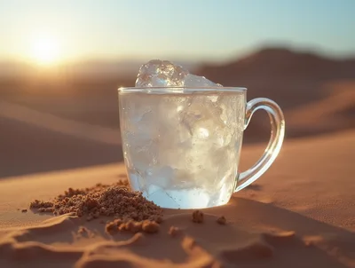 Glass Mug Filled With Ice Cubes In Desert