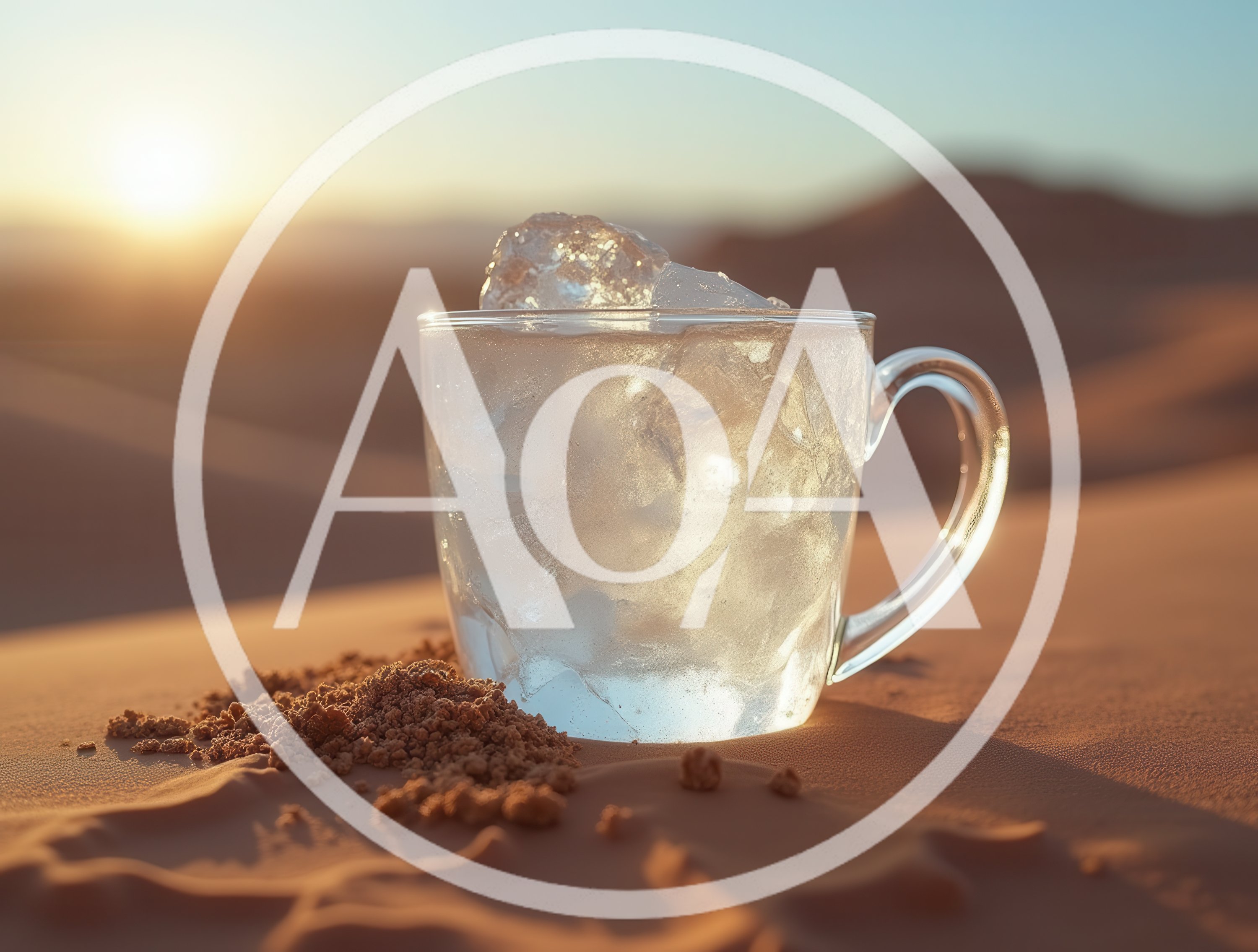 Glass Mug Filled With Ice Cubes In Desert