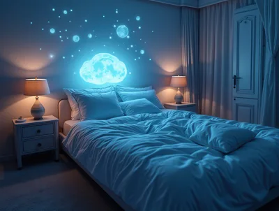 Bedroom Interior With Glowing Cloud Wall Art