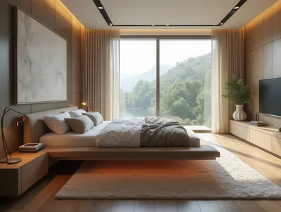 Modern Minimalist Bedroom With Scenic Mountain View