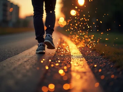 Person Walking Along Road With Glowing Bokeh Sparks