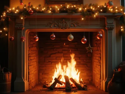 Cozy Christmas Fireplace Decorated With Ornaments And Lights