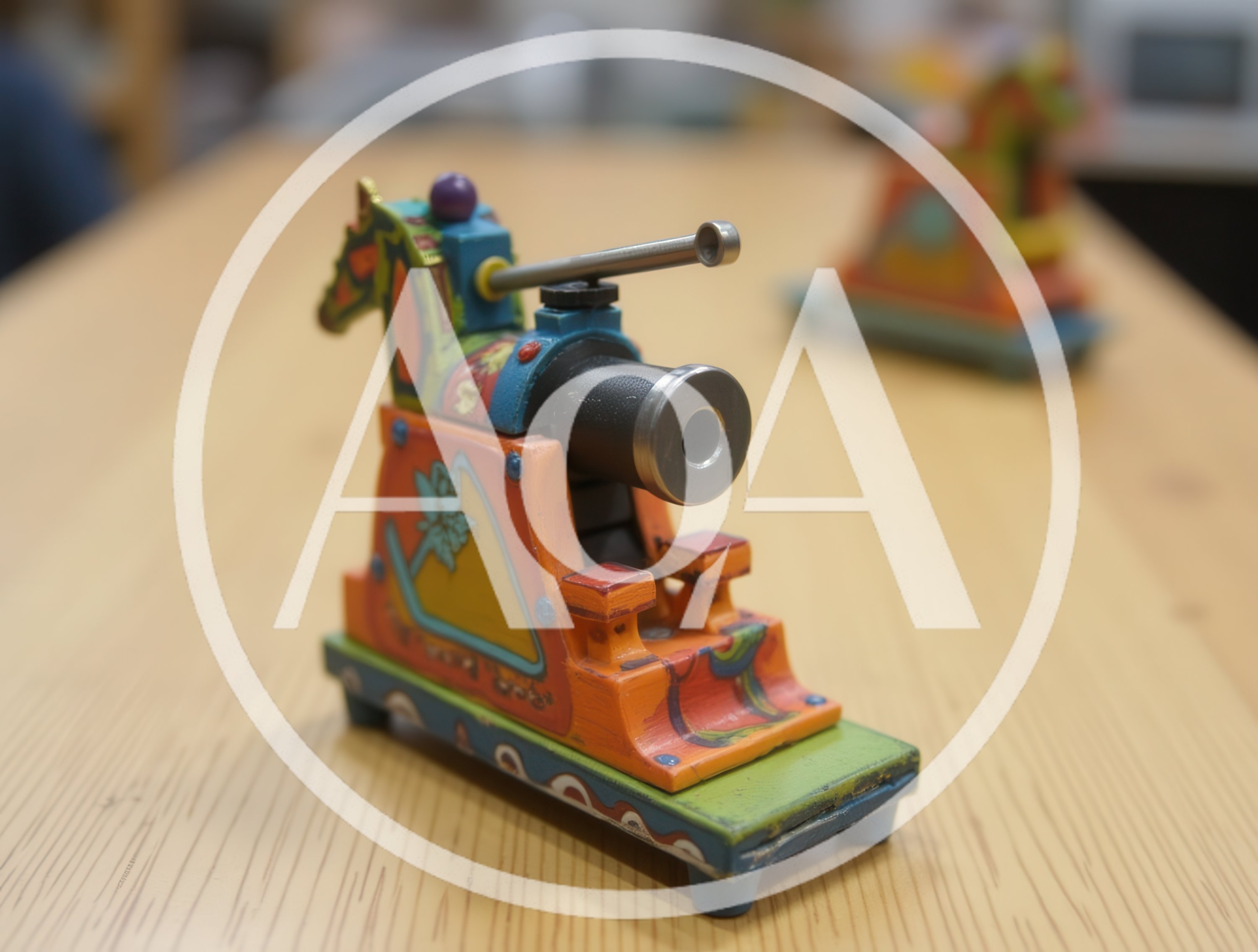 Vintage Colorful Wooden Toy Cannon On Wheels