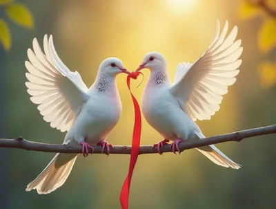 Two White Doves Holding A Red Ribbon