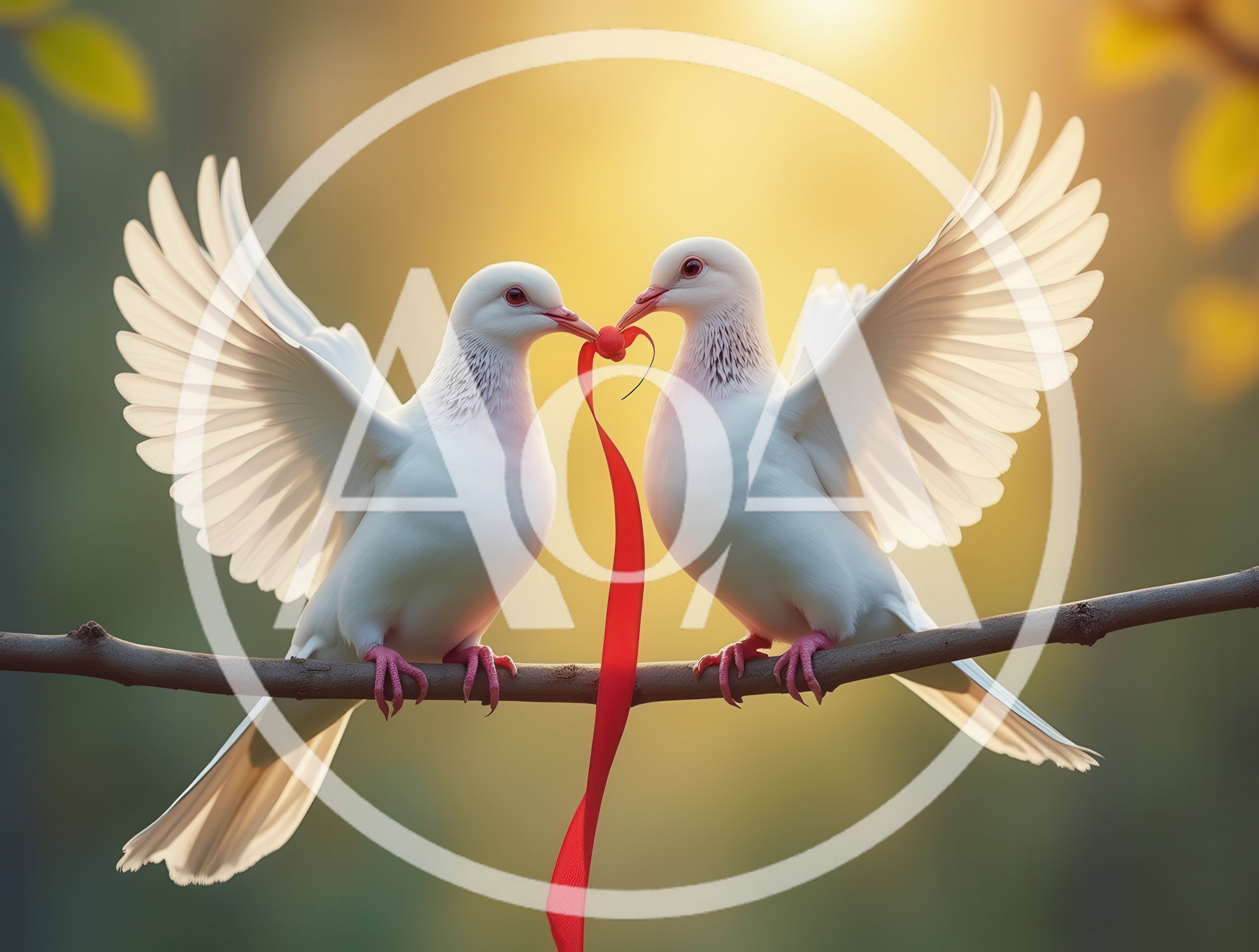 Two White Doves Holding A Red Ribbon