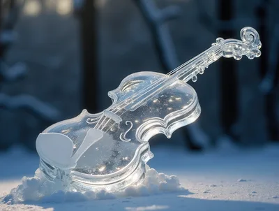Ice Sculpture Of A Violin In Snowy Landscape