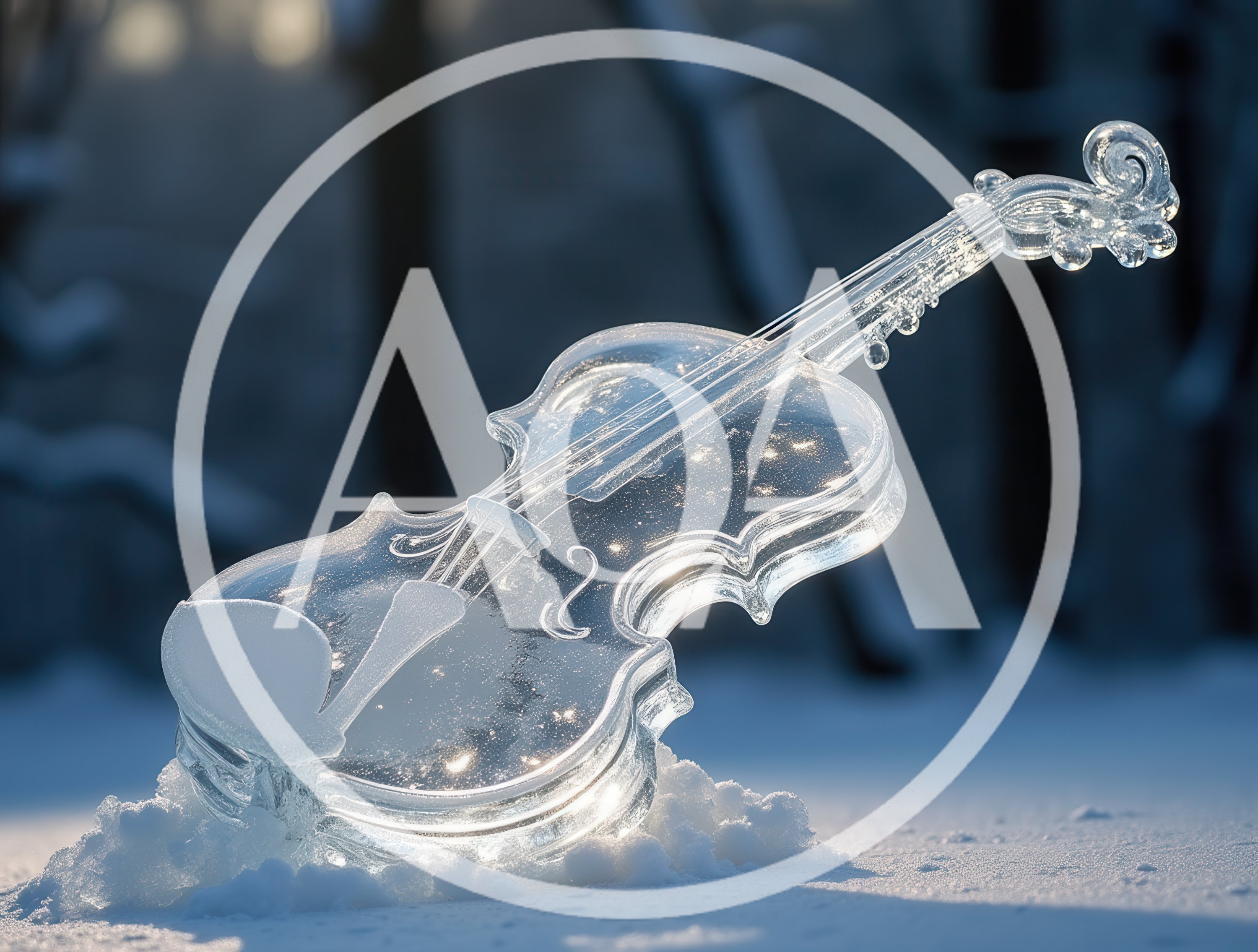 Ice Sculpture Of A Violin In Snowy Landscape