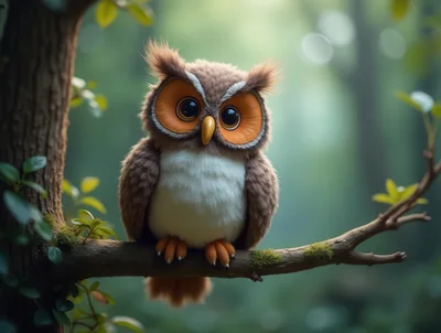 Cute Fluffy Owl Perched On A Tree Branch