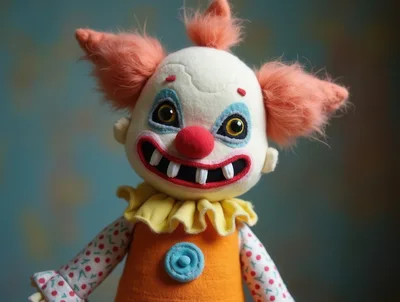 Creepy Clown Doll With Orange Hair And Yellow Ruffle
