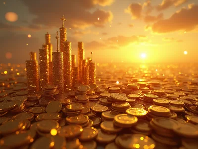 Golden Coin Towers Under A Sunset Sky