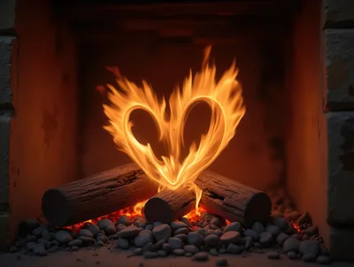 Heart Shaped Fire Burning In A Stone Fireplace