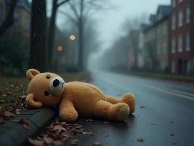 Lost Teddy Bear Lying On A Rainy Street