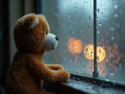 Teddy Bear Looking Out A Rainy Window