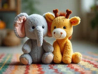 Plush Elephant and Giraffe Toys Sitting on Rug