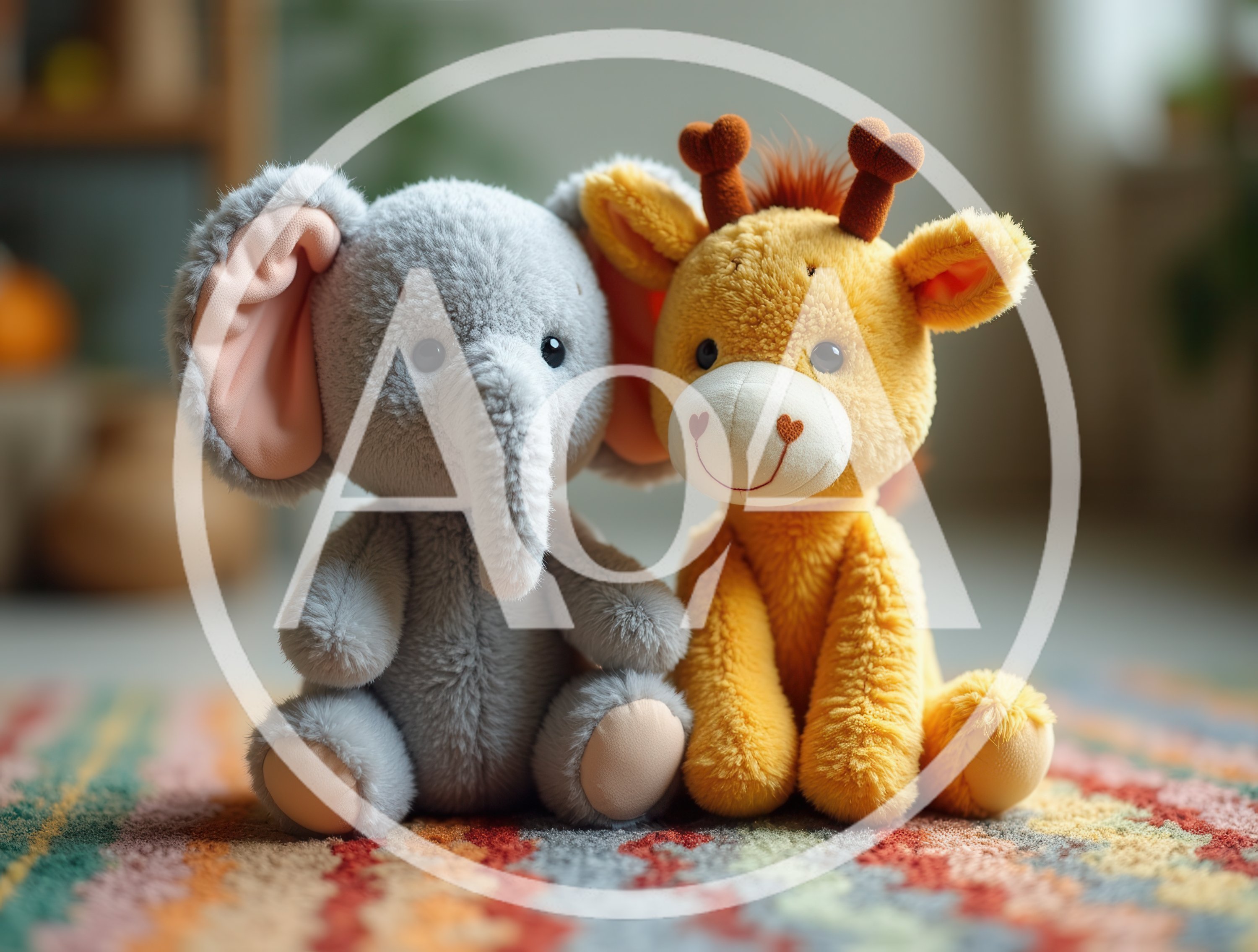 Plush Elephant and Giraffe Toys Sitting on Rug