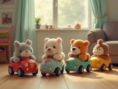 Four Plush Toys Driving Toy Cars