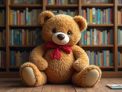 Fluffy Teddy Bear Sitting In Front Of Bookshelf