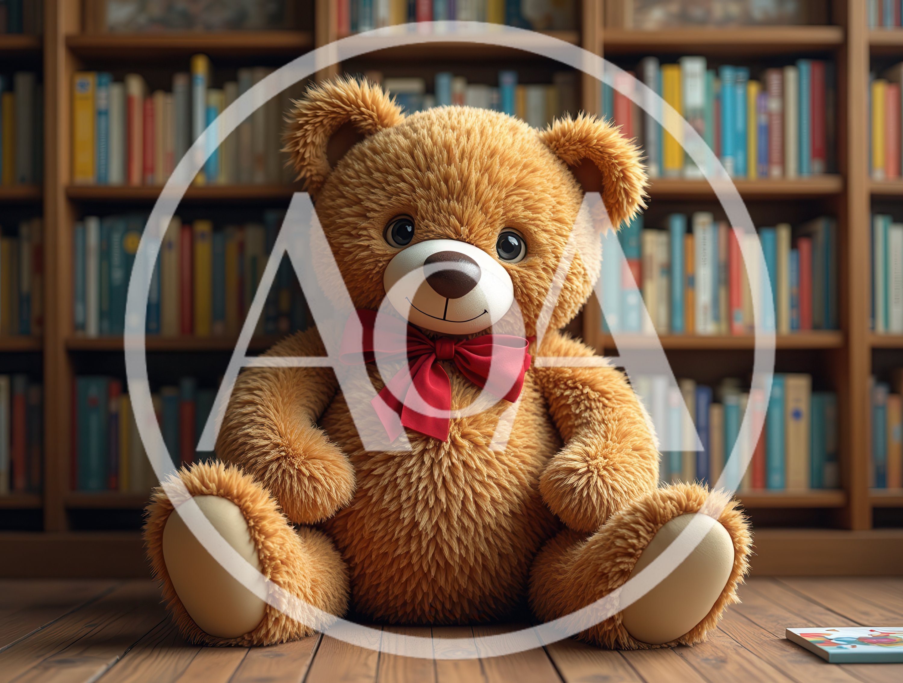 Fluffy Teddy Bear Sitting In Front Of Bookshelf