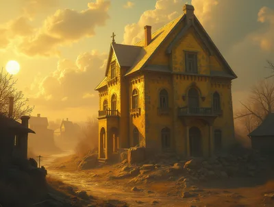 Abandoned Yellow Victorian Mansion at Sunset