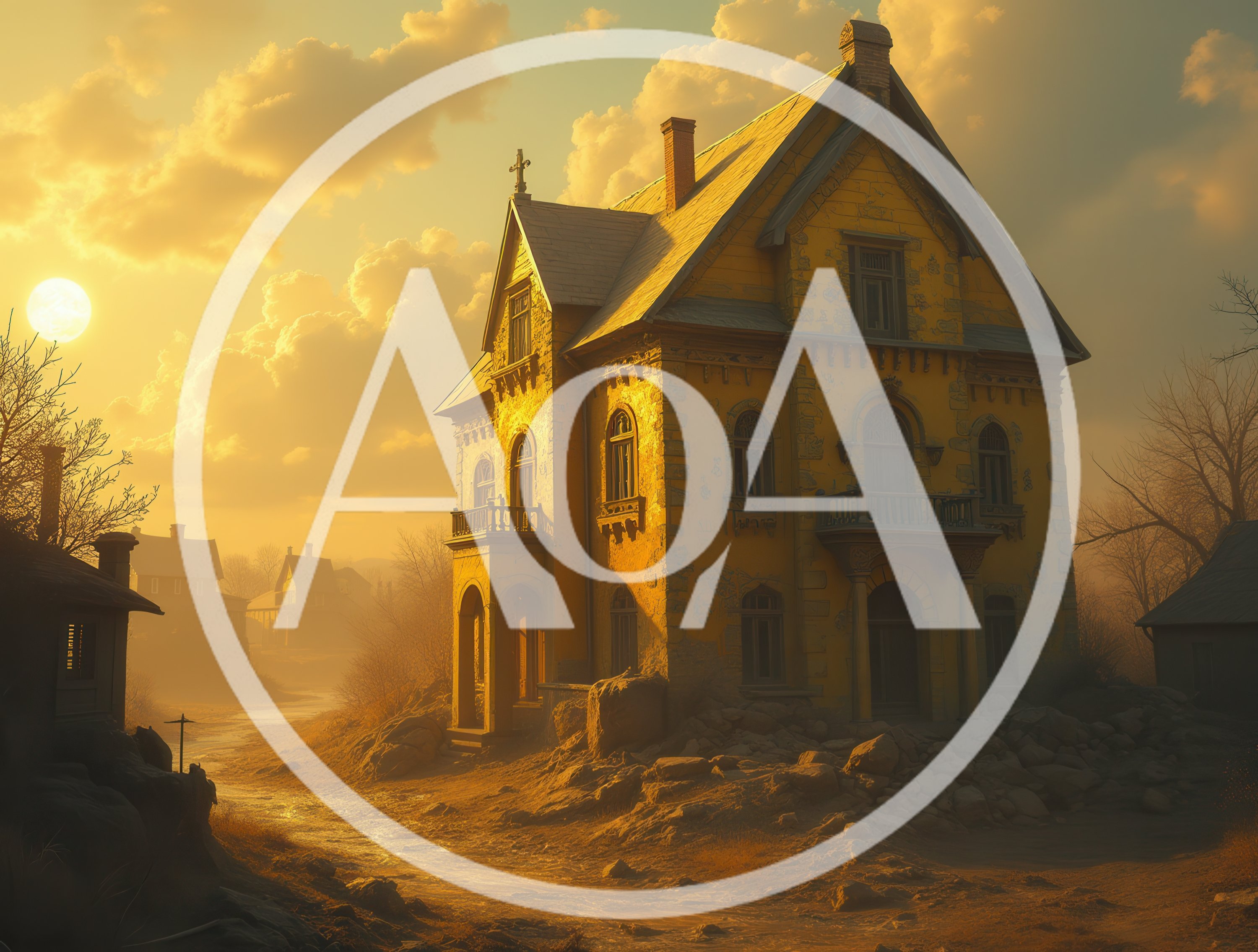 Abandoned Yellow Victorian Mansion at Sunset