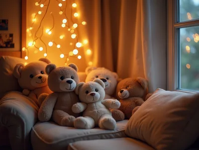 Group Of Teddy Bears Sitting On A Cozy Sofa