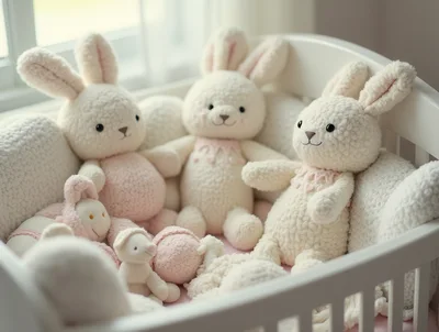 Plush Bunny Toys Sitting In A White Crib