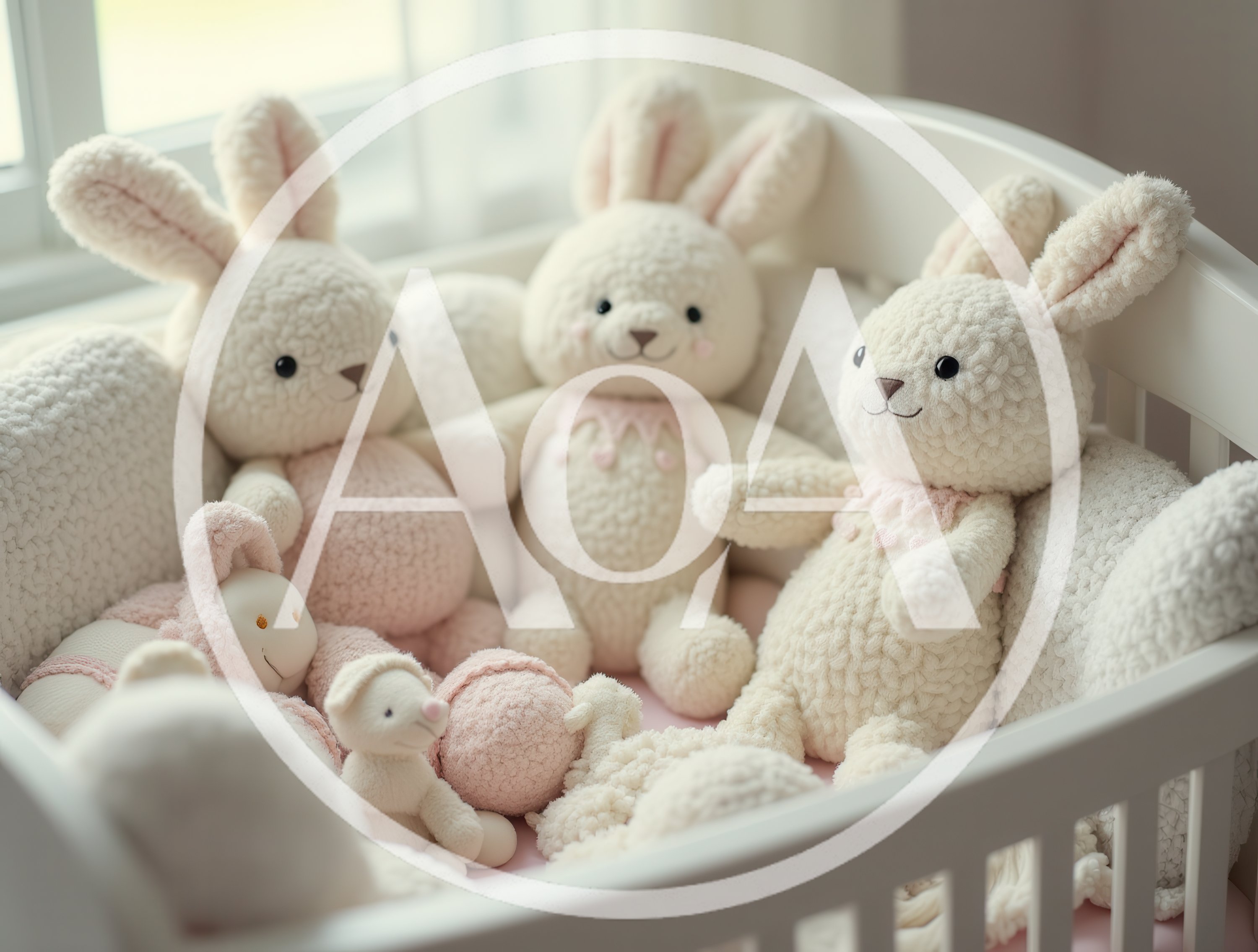 Plush Bunny Toys Sitting In A White Crib