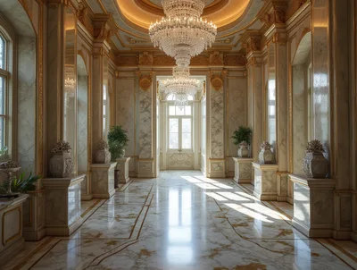 Luxurious Marble Hallway With Crystal Chandelier